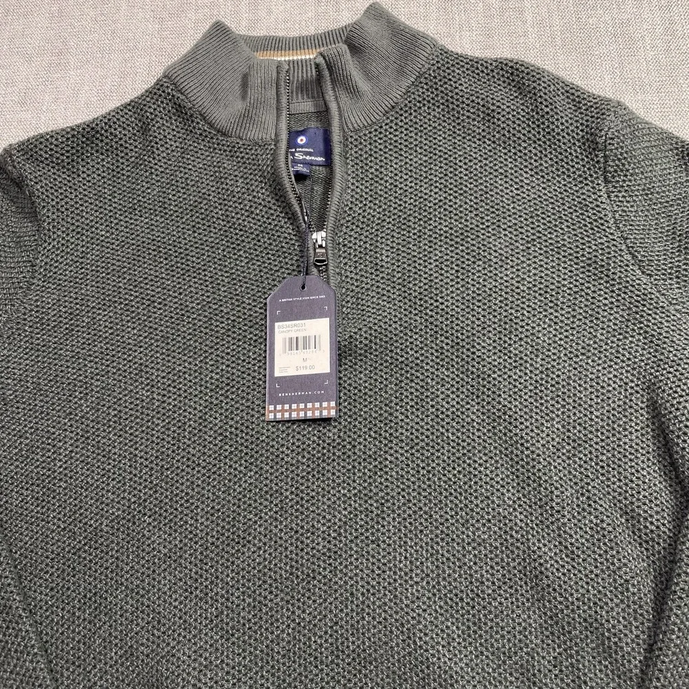 Ben Sherman Mens Canopy Green Open Knit Mock Neck Quarter Zip Sweater BS34SR031